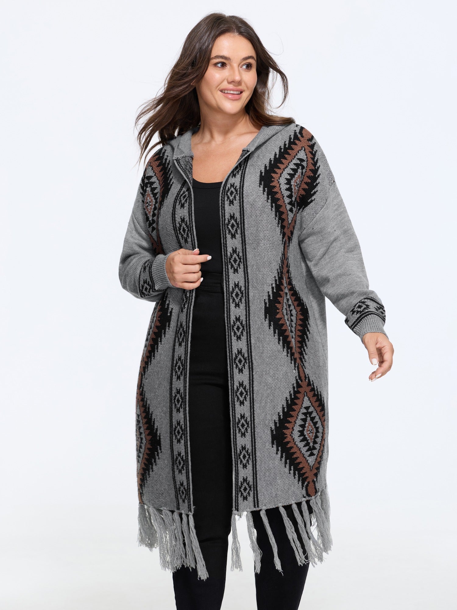 Boho Geometric Fringe Hem Hooded Cardigan