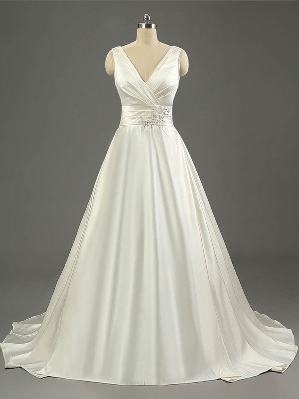 Stylish V-Neck Satin Ball Gown Sweep Train Wedding Dresses