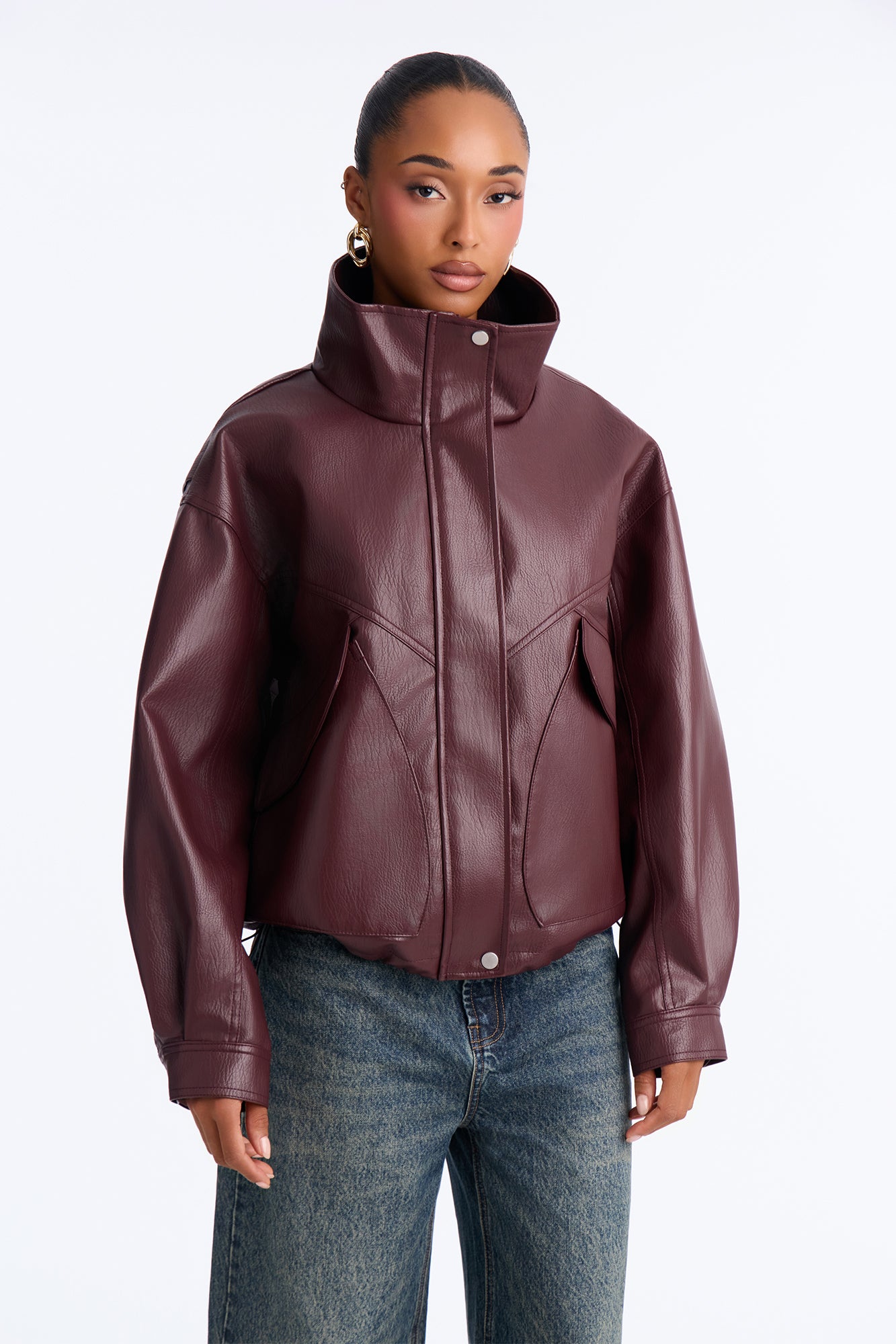 Becca Faux Leather Funnel Neck Bomber - Wine