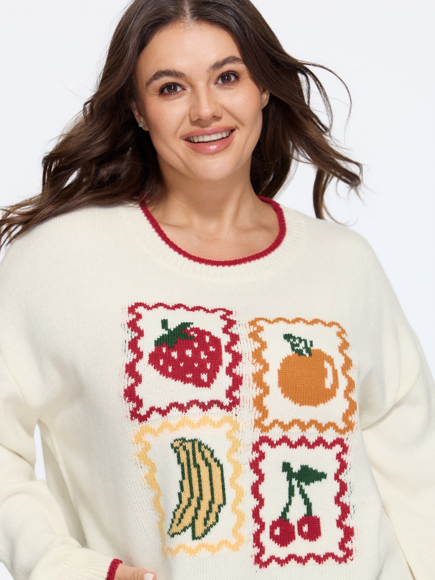 Cute Fruit Jacquard Crew Neck Pullover