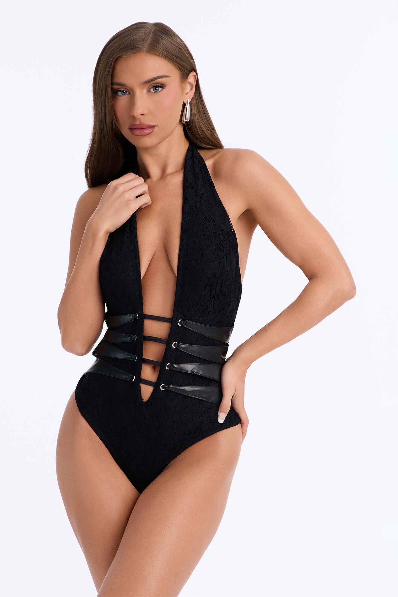 Kendra Lace Halter Bodysuit - Black