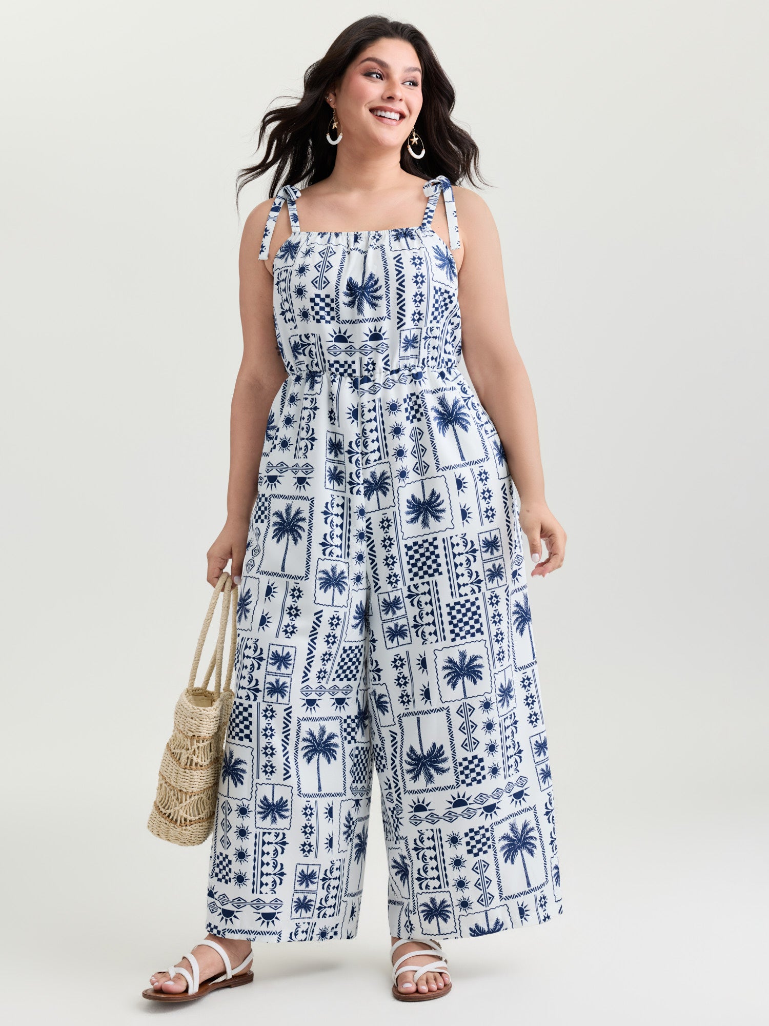 Tropical Print Shoulder-Tie Wide-Leg Jumpsuit