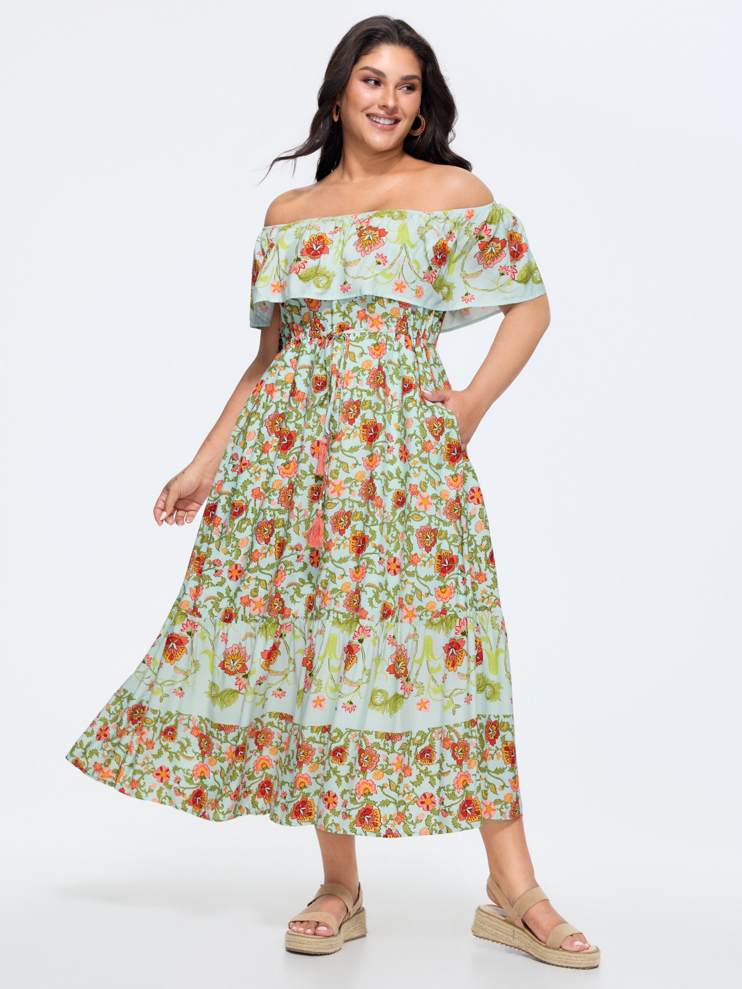 Floral Print Patchwork Off-Shoulder Maxi Dress