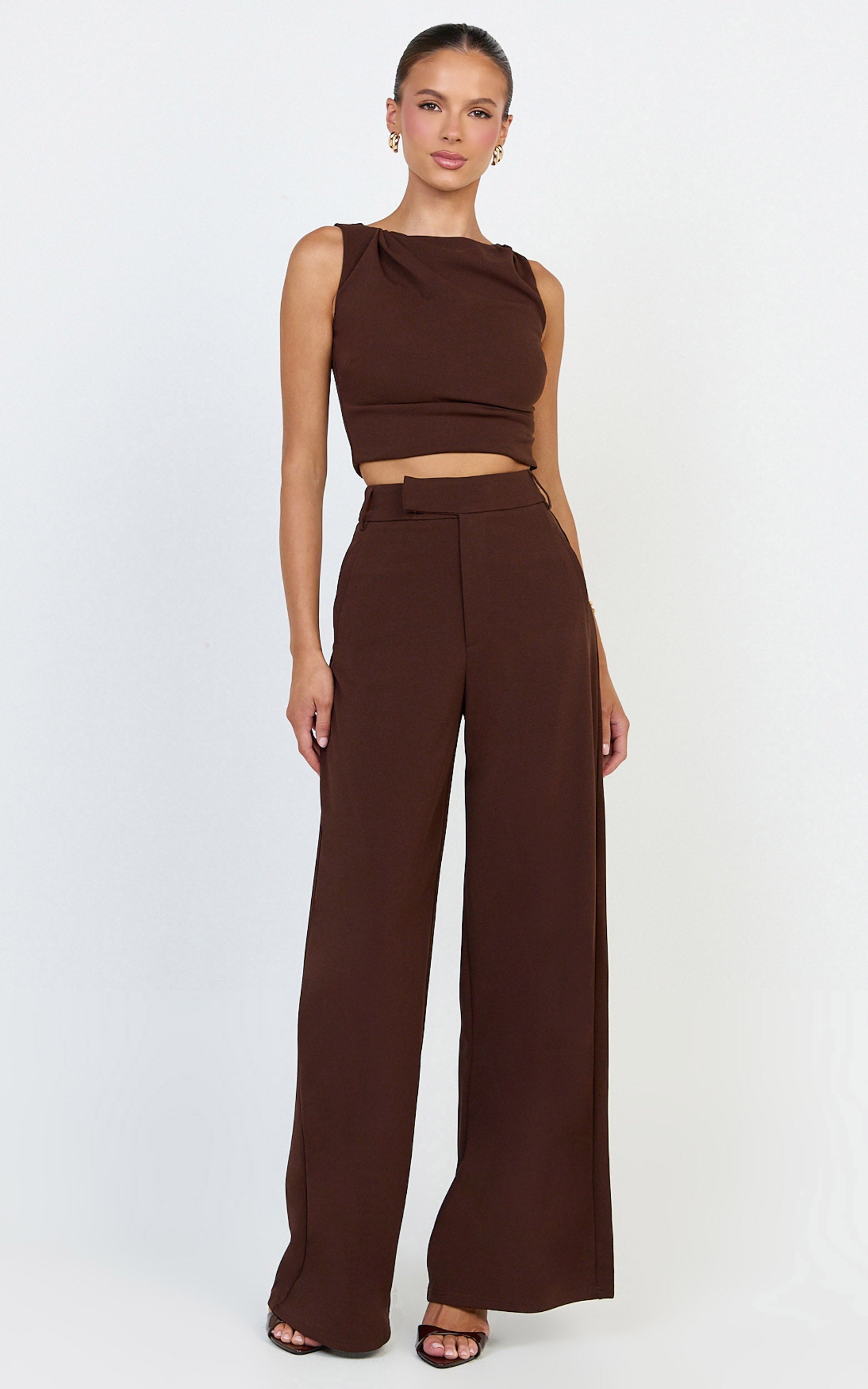 Helen Two Piece Set - Crepe Twisted Top And Wide Leg Pants in Chocolate