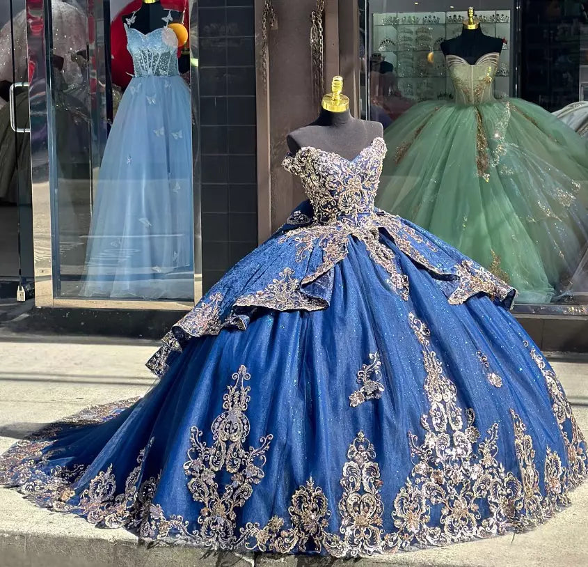 Golden Navy Off-the-Shoulder Tiered Ball Gown with Applique and Bow for Quinceanera