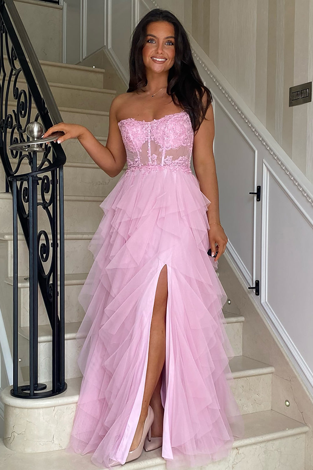 Long Corset Prom Dress in Blush with Strapless A-Line Tulle Tiered Design and Appliques