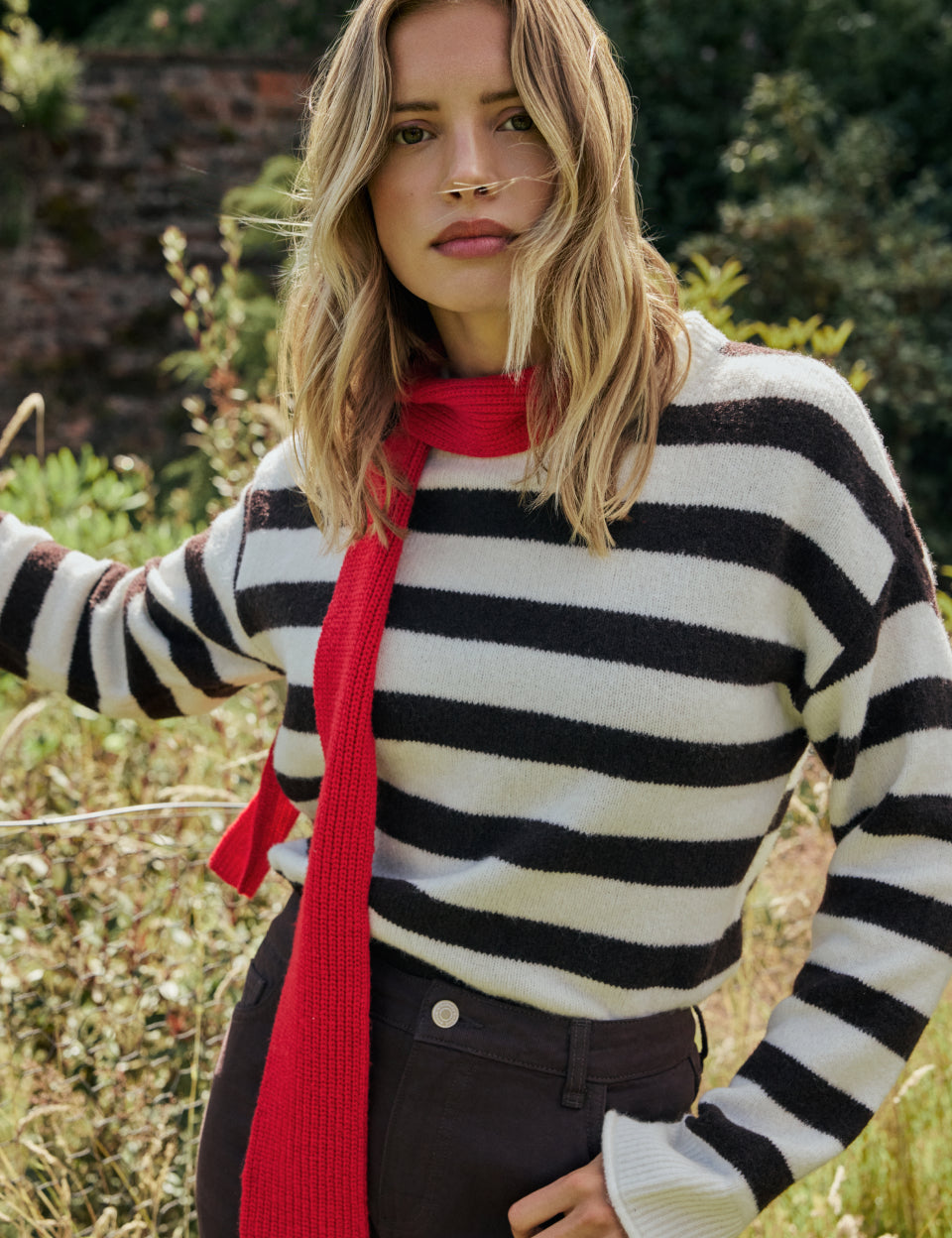 Brown and White Striped Crew Neck Jumper
