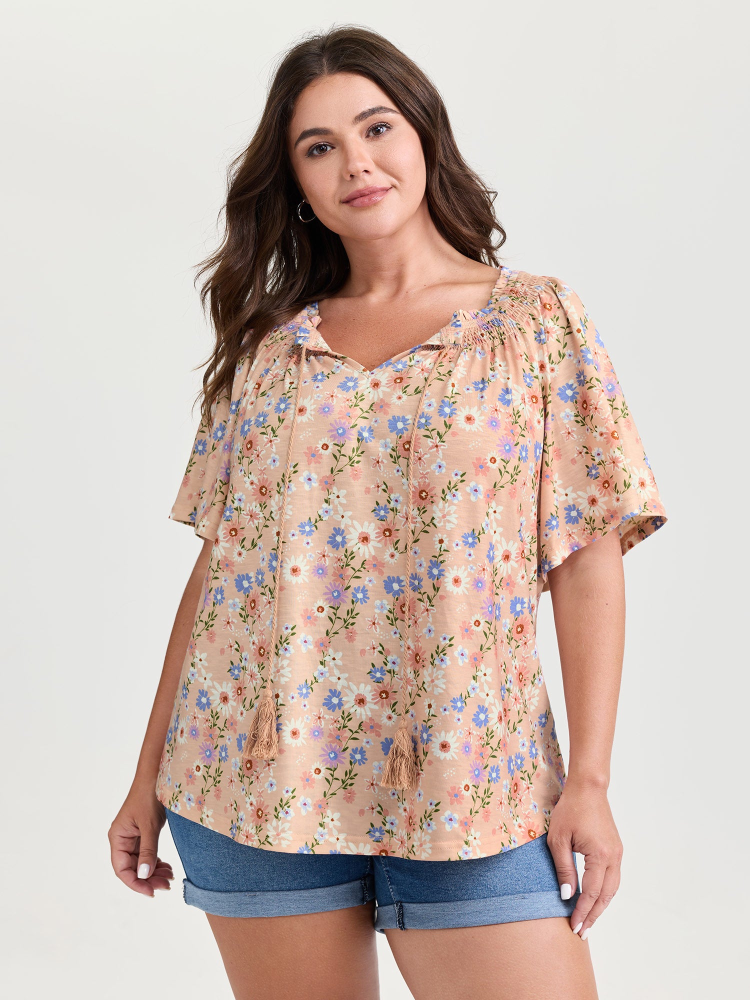 Sweet Floral Print Shirred Drawstring Neckline Top