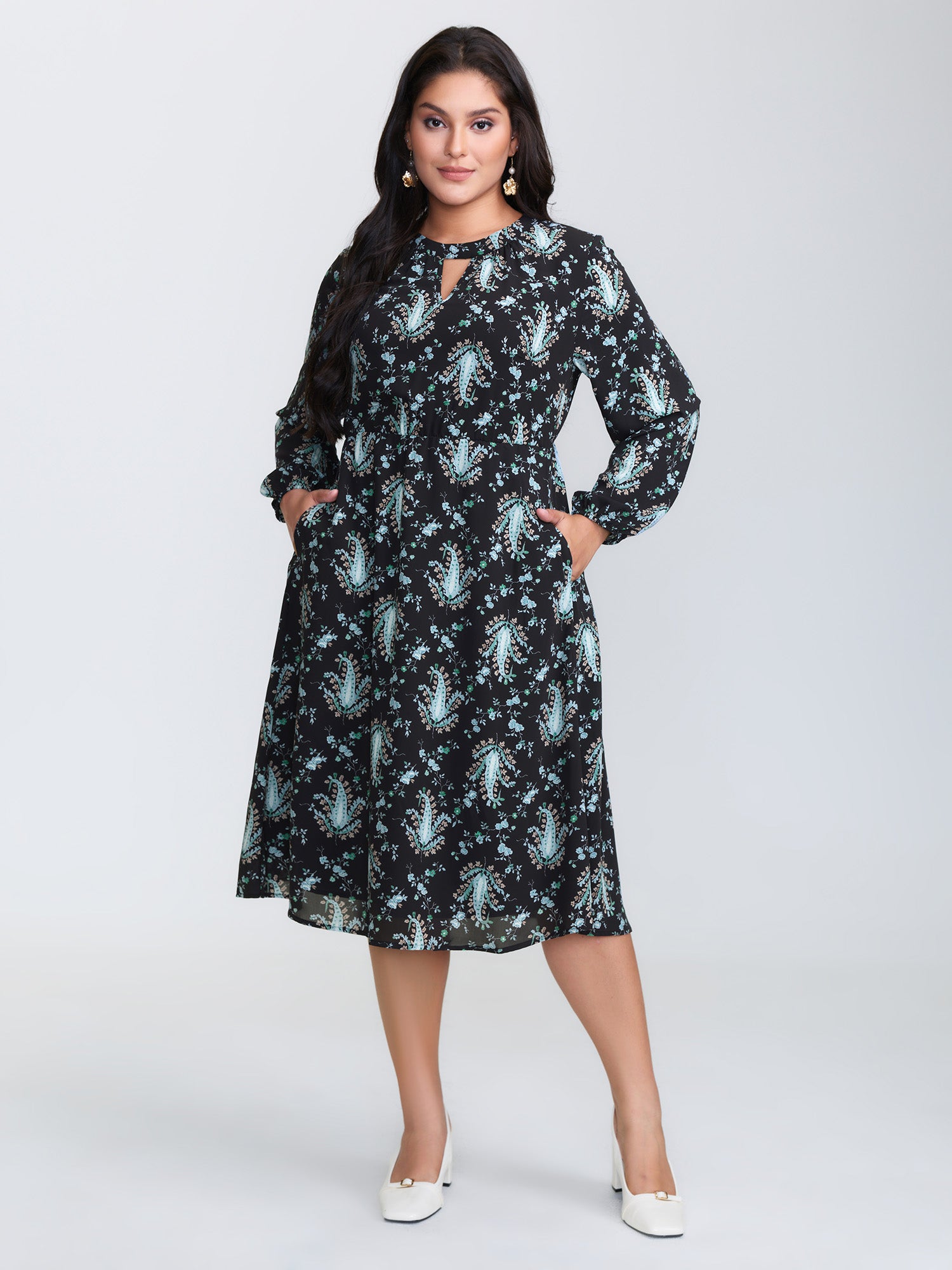 Paisley Print Stretchy Waist-Defining Midi Dress