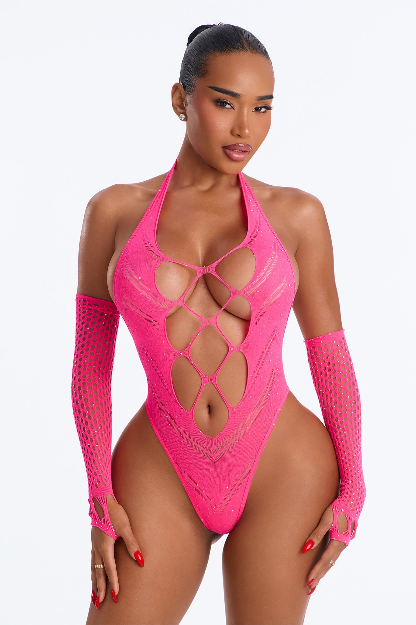 Neon Kiss Teddy Rhinestone 2 Piece Set - Neon Pink