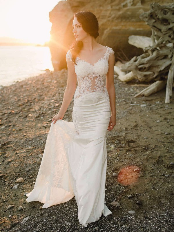 Deluxe Satin Trumpet V-Neck Lace Cap Sleeves Wedding Dresses