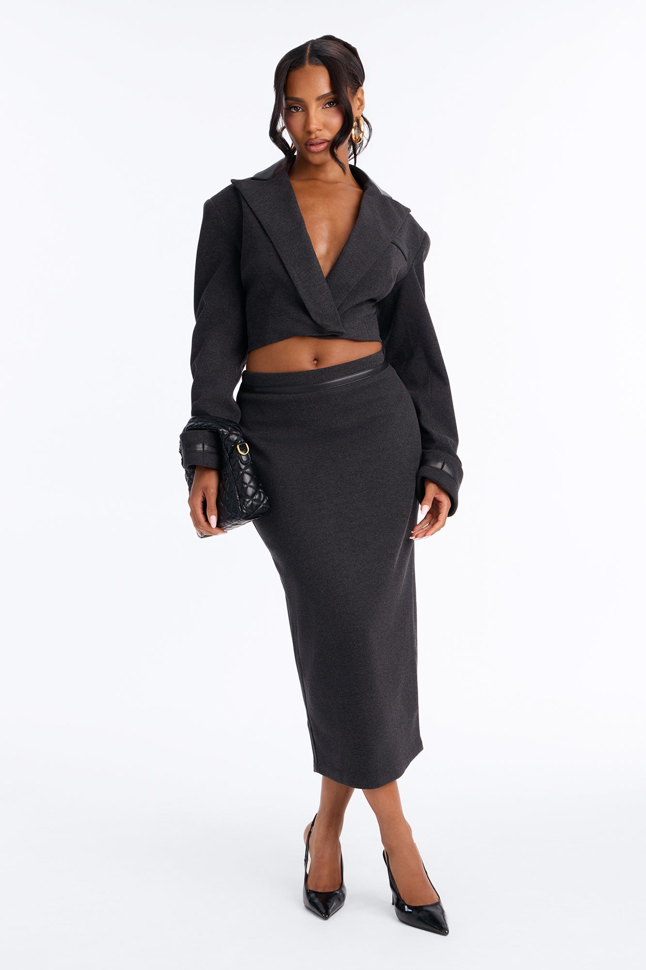 Charlotte Contrast Midi Skirt Set - Charcoal
