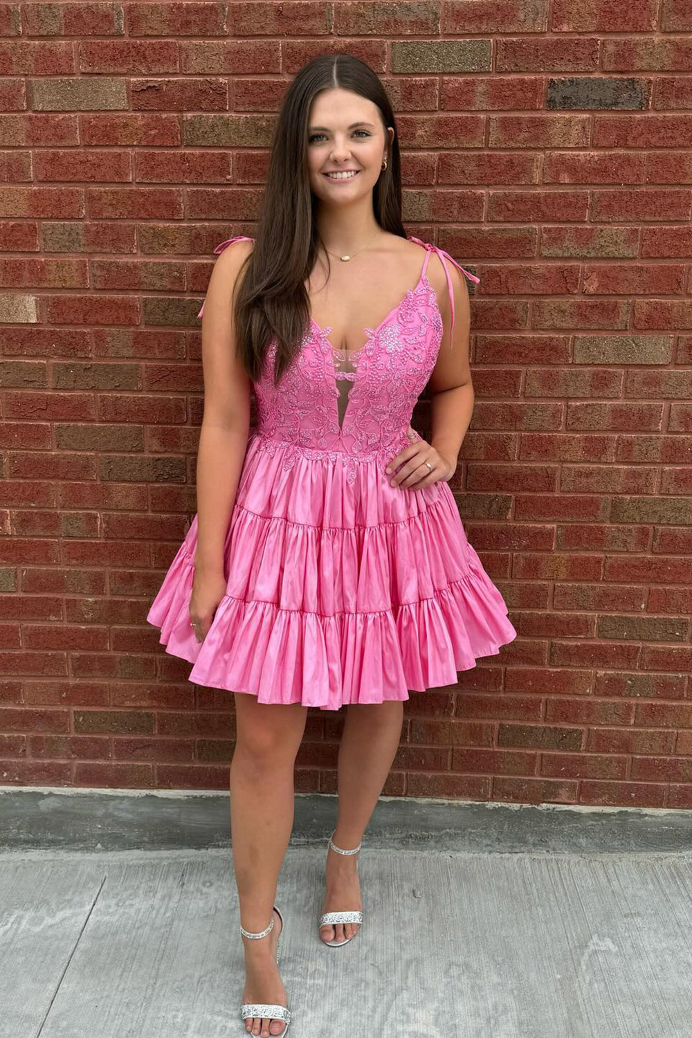 Fluffy Pink A Line Ruffled Short Homecoming Dress/Mini Dress with Lace