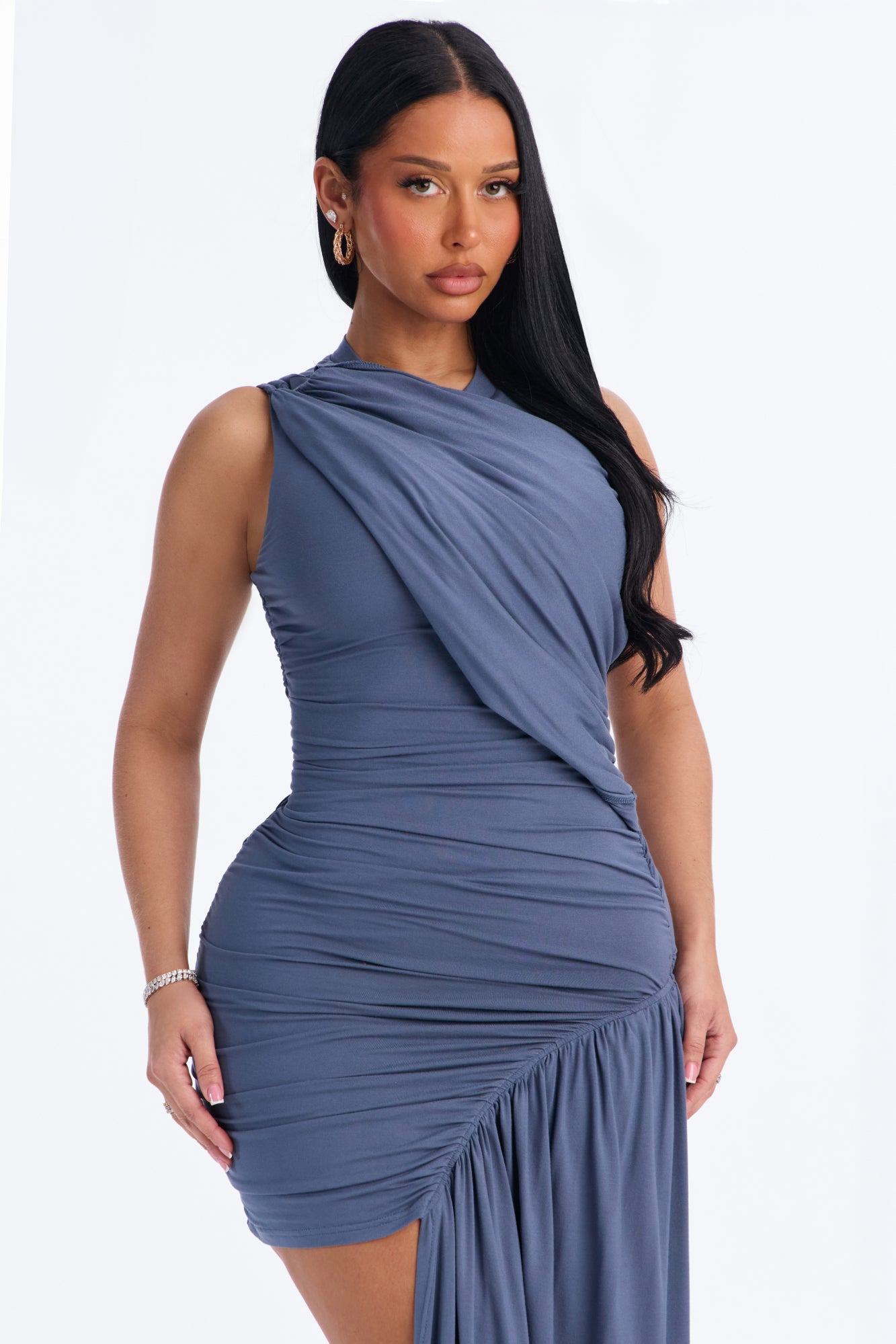 Kaylee Draped Mini Dress - Slate Blue