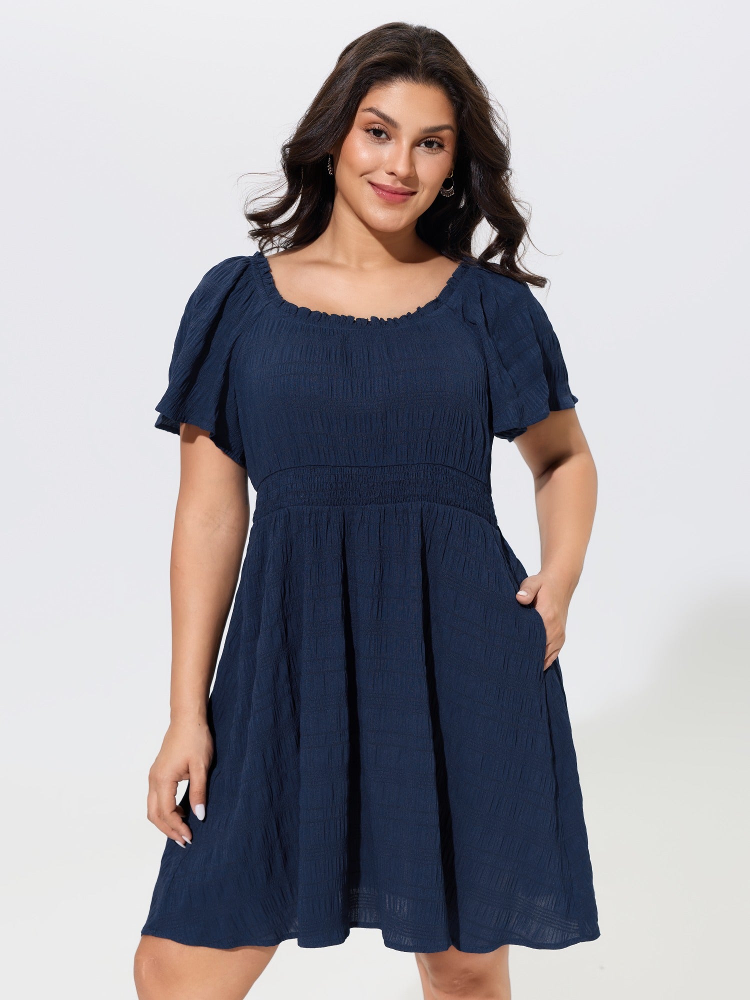 Textured Square Neck Ruffle Trim Mini Dress