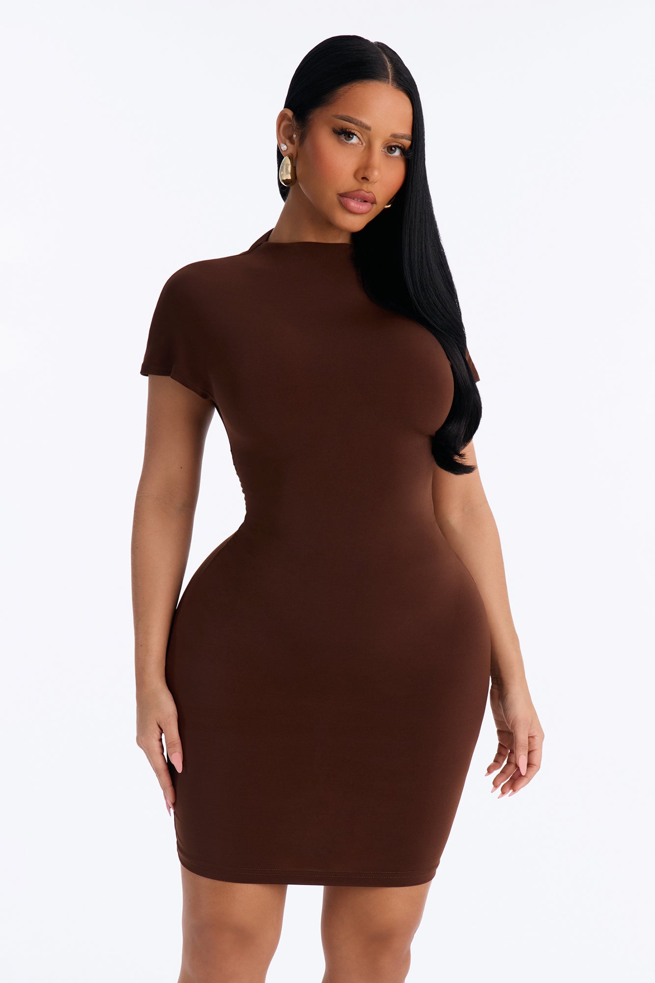 Alba Short Sleeve Ruched Mini Dress - Chocolate