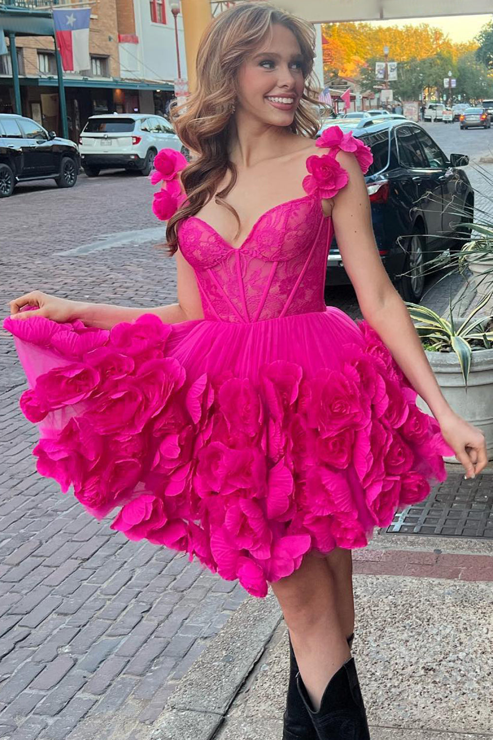 Fuchsia Corset Floral Ruffled Short Homecoming Dress/Mini Dress with Lace