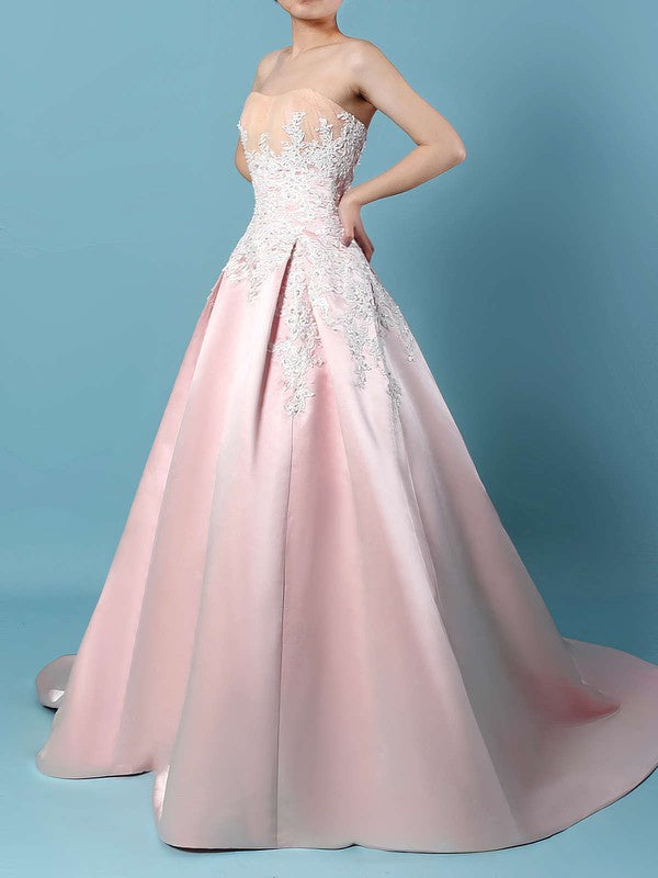 Elegant Strapless Ball Gown Sweep Train Satin Wedding Dresses with Appliques