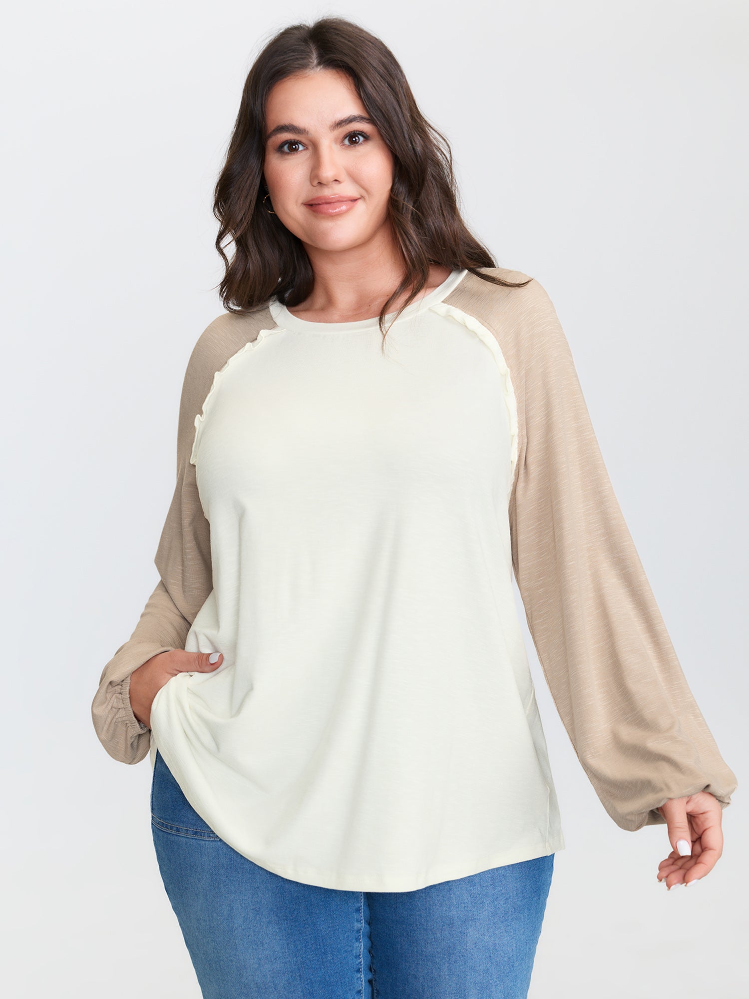 Lace Trim Raglan Sleeve Color Contrast T-Shirt