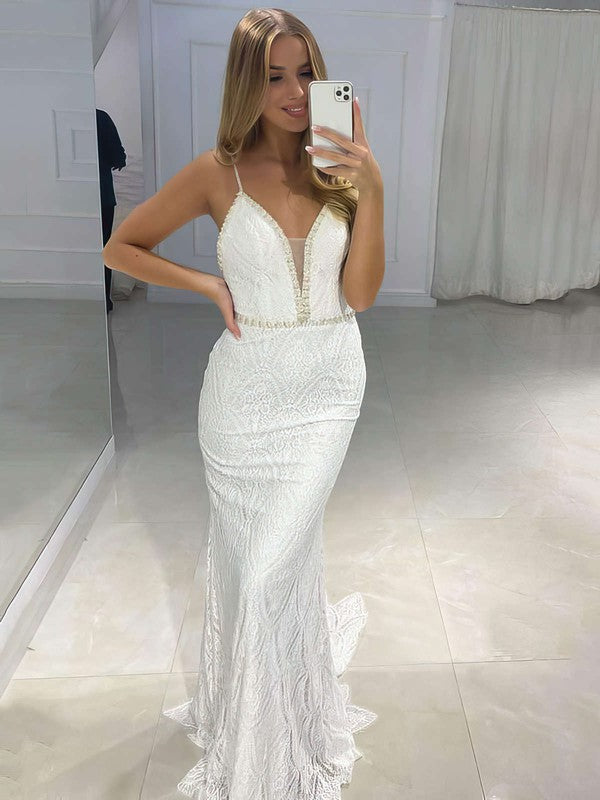 Elegant V-Neck Spaghetti Straps Mermaid Lace Wedding Dresses with Sweep Train