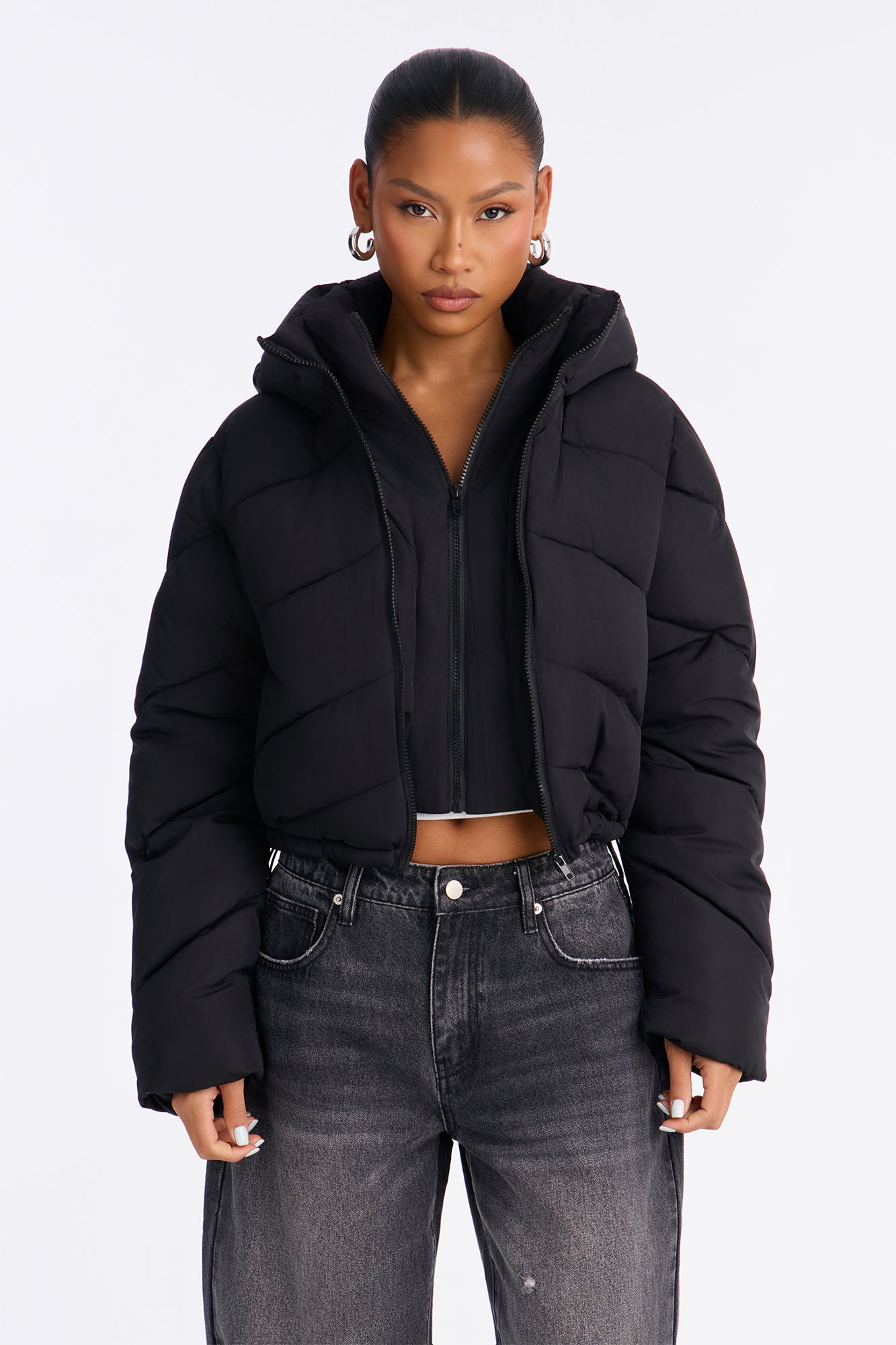 Pippa Cropped Layered Puffer Jacket - Black