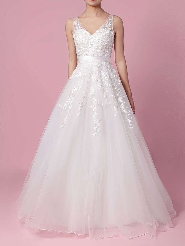 Charming V-Neck Lace Sweep Train Ball Gown Wedding Dresses with Sash