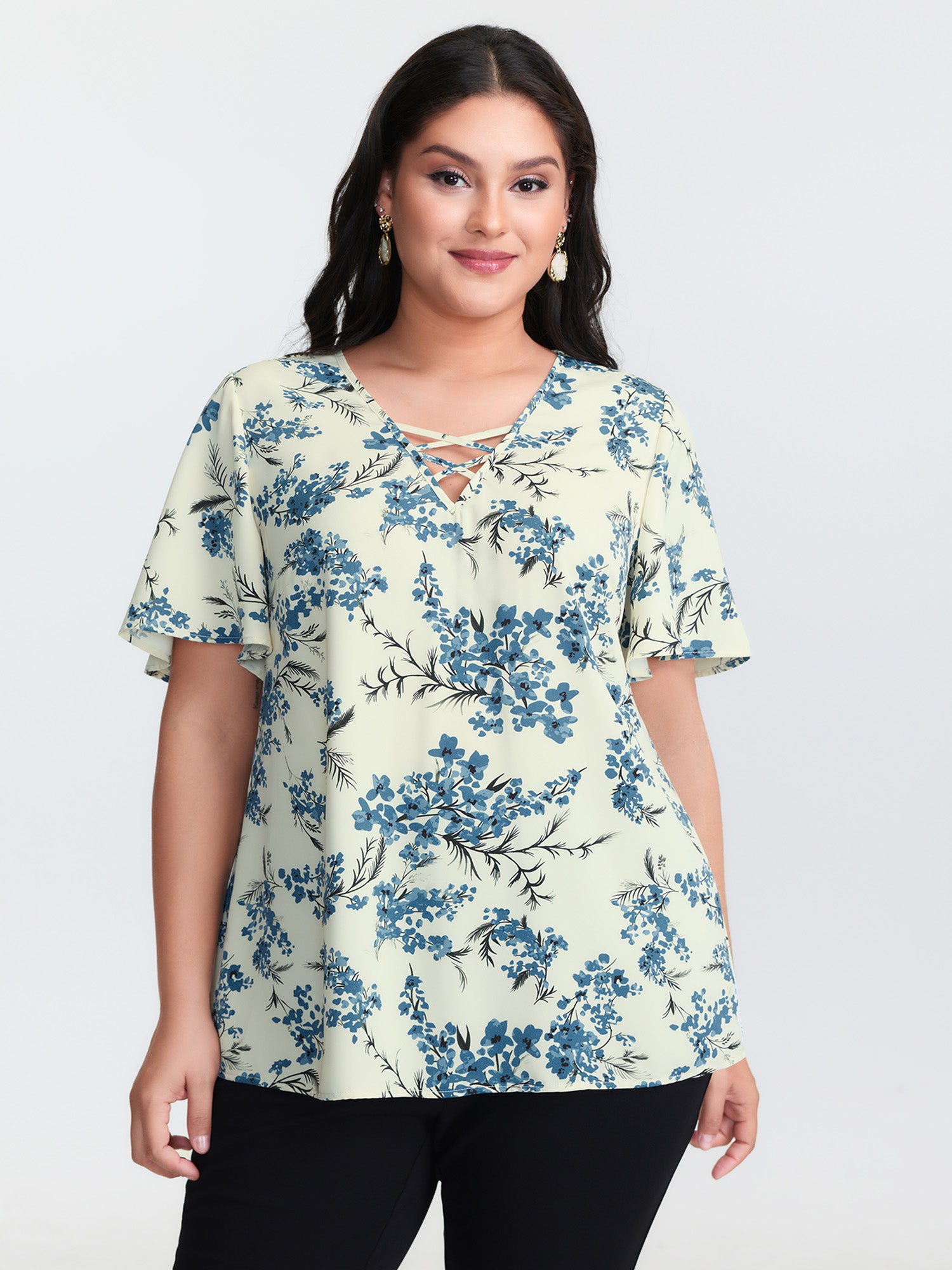 Floral Print Cut-Out Neckline Blouse