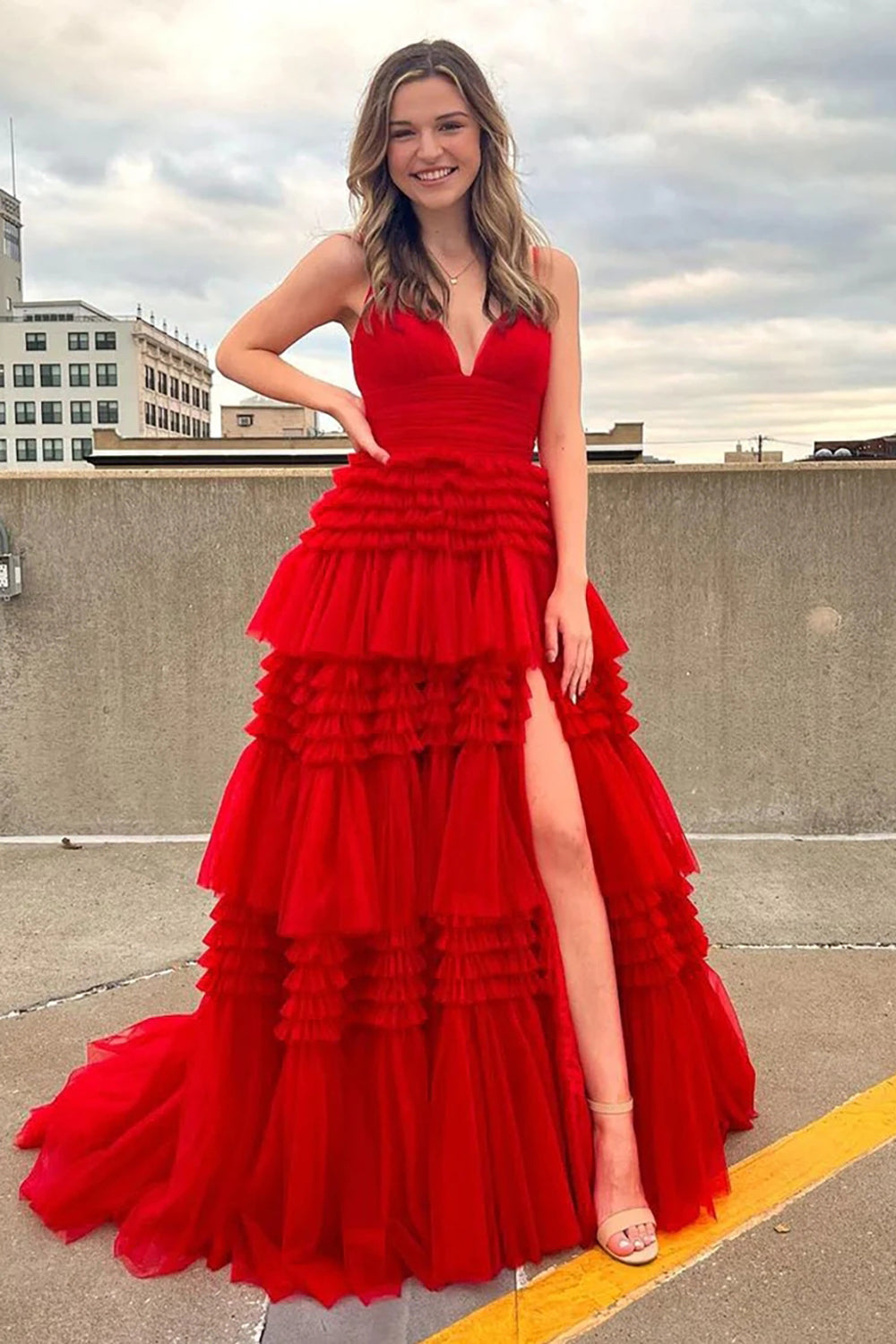 Long Prom Dress with Red Tulle and Spaghetti Straps