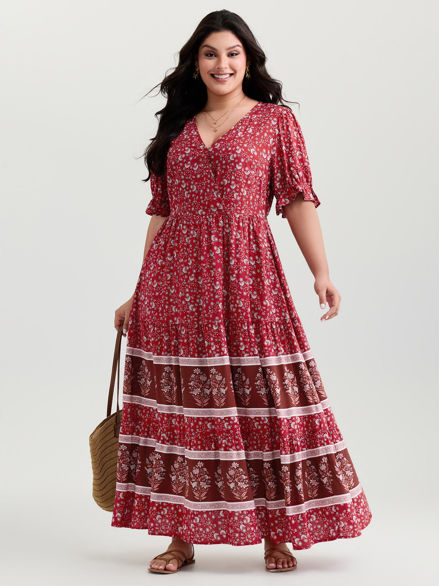 Vibrant Floral Print Color Contrast Maxi Dress