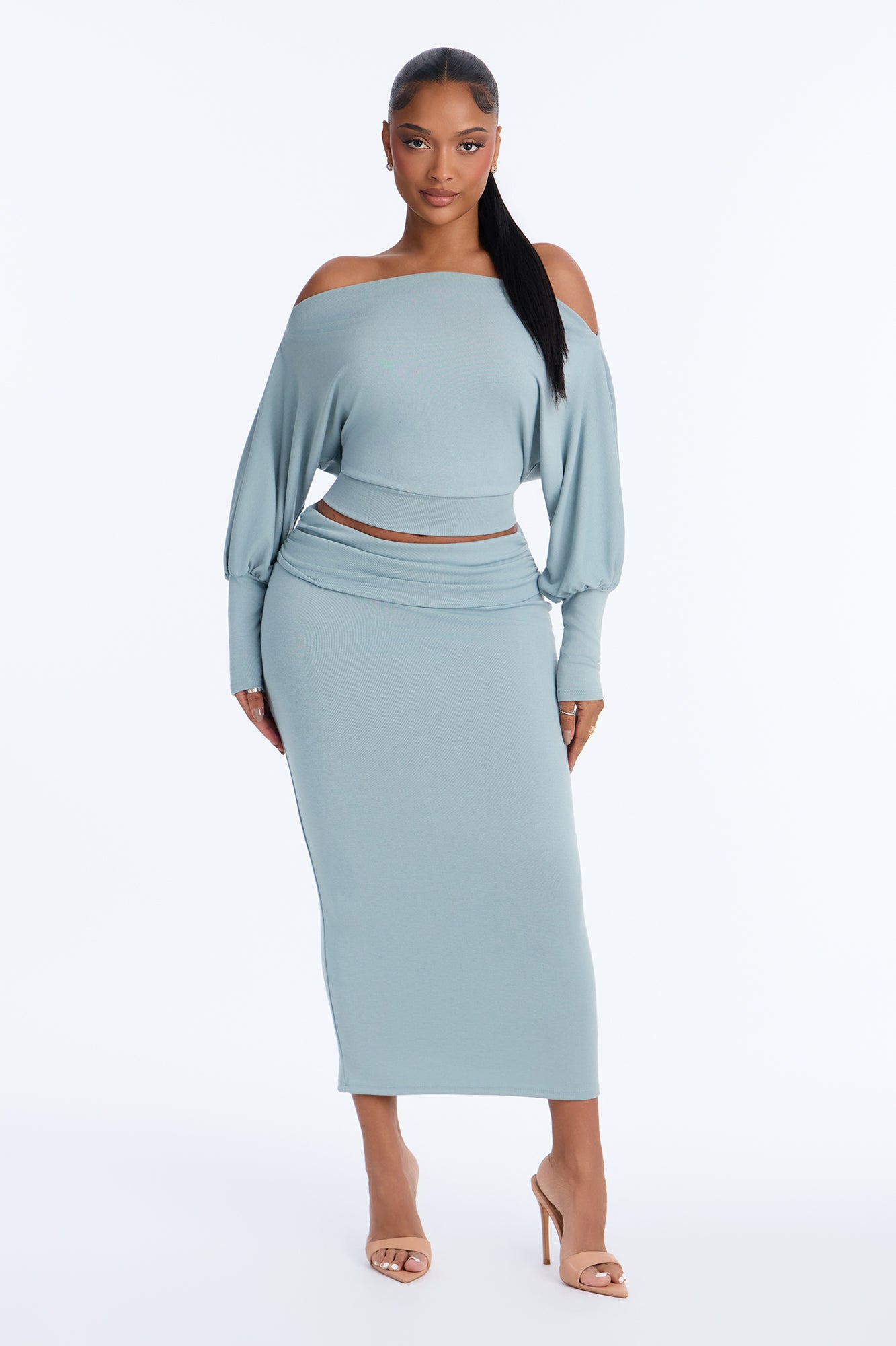 Makena Off Shoulder Midi Skirt Set - Slate Grey