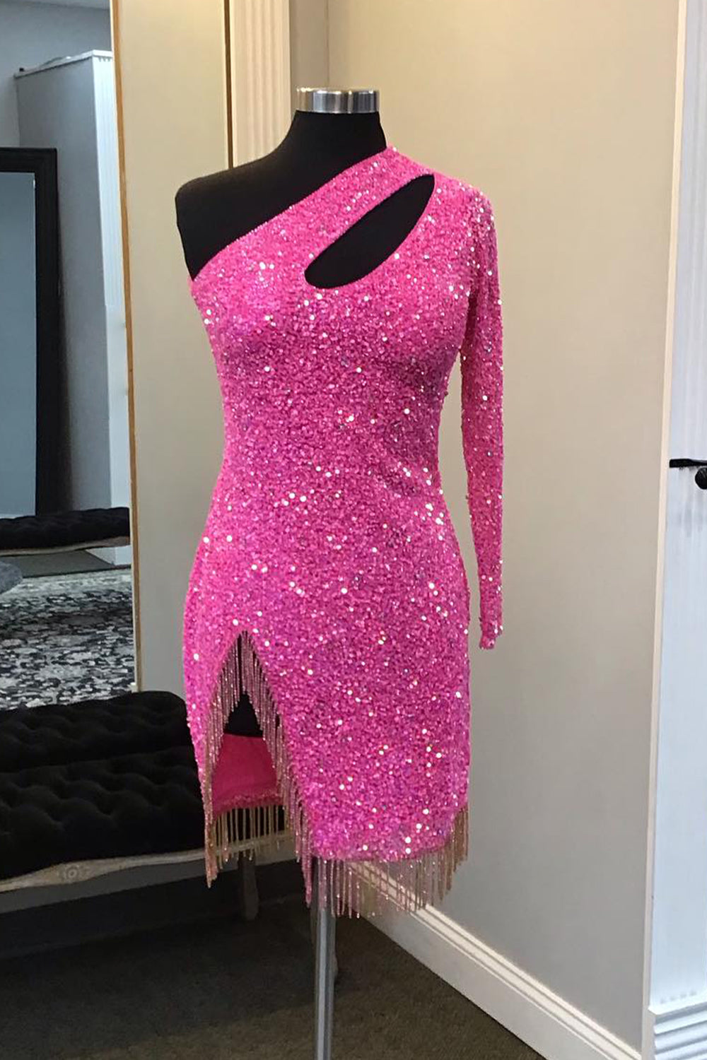 Sparkly Hot Pink Sequin Beaded Cut Out Tight Short Homecoming Dress/Mini Dress with Fringes