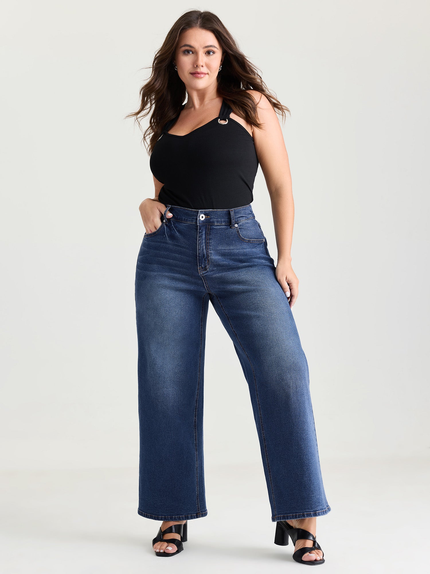 Thigh-Friendly Washed Distressed Wide-Leg Jeans