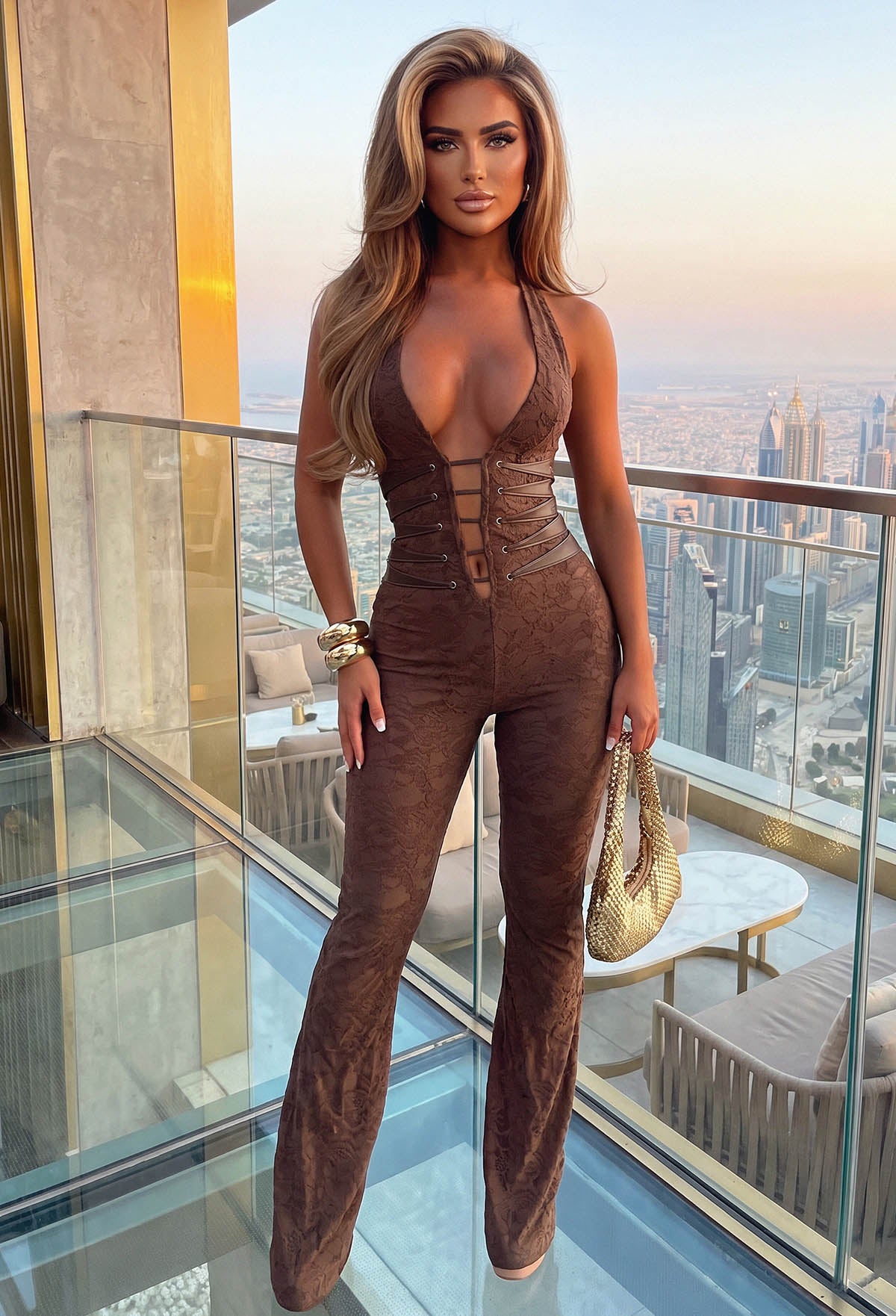 Mystic Mocha Lace Halterneck Flared Tie Up Stretch Jumpsuit