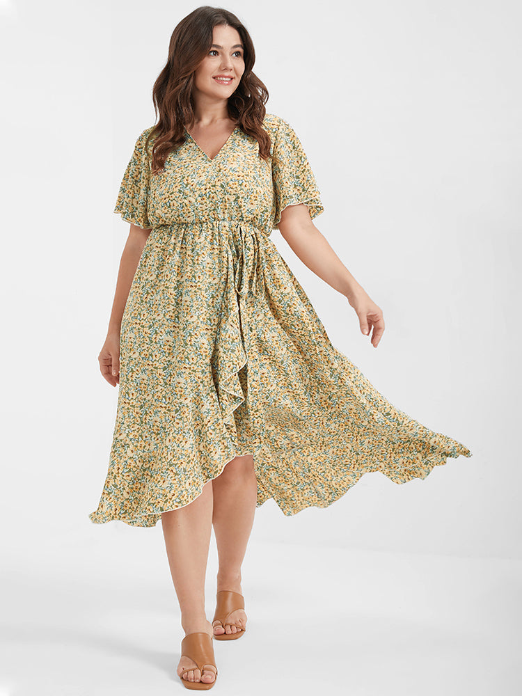 Ditsy Floral Ruffles Ties Split V Neck Midi Dress