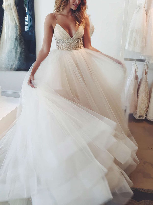 Sexy V-Neck Sleeveless Tulle Court Train Wedding Dresses with Crystals