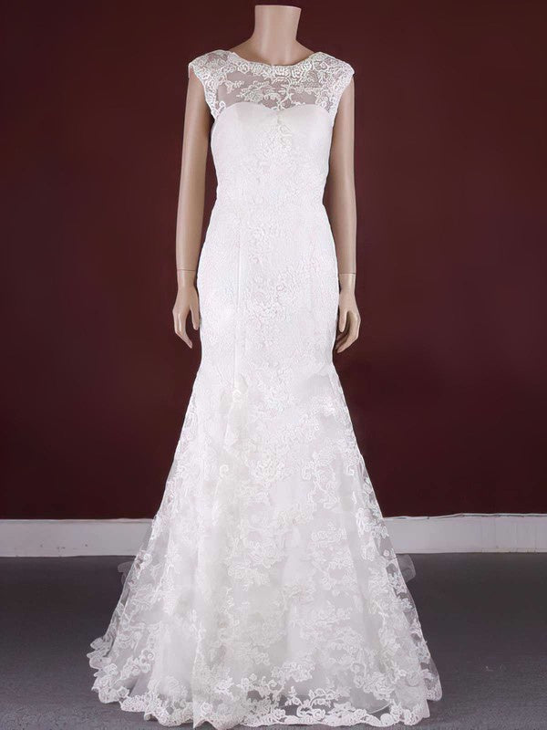 Glamorous Trumpet Jewel Sleeveless Lace Sweep Train Wedding Dresses