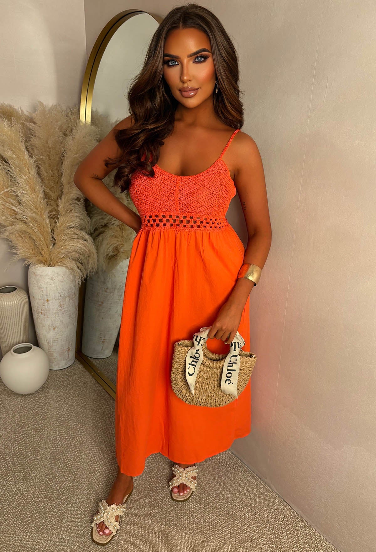 Tropical Dream Coral Crochet Knit Maxi Dress