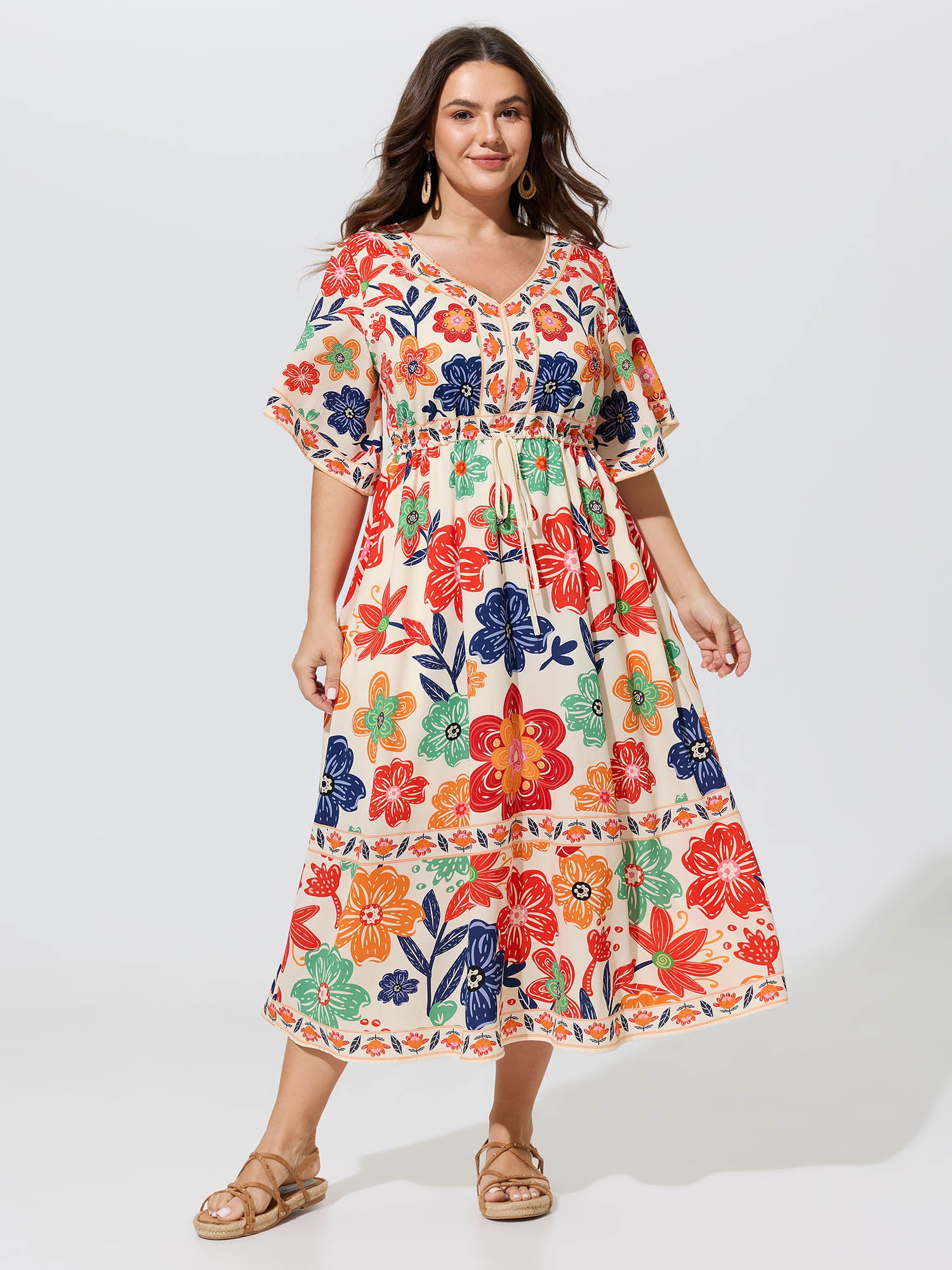 Floral Print Drawstring Waist Tiered Maxi Dress