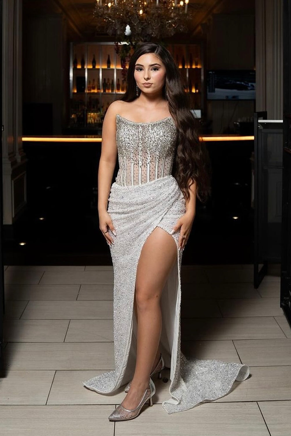 Long White Strapless Sparkly Corset Prom Dress with Sequins and Slit