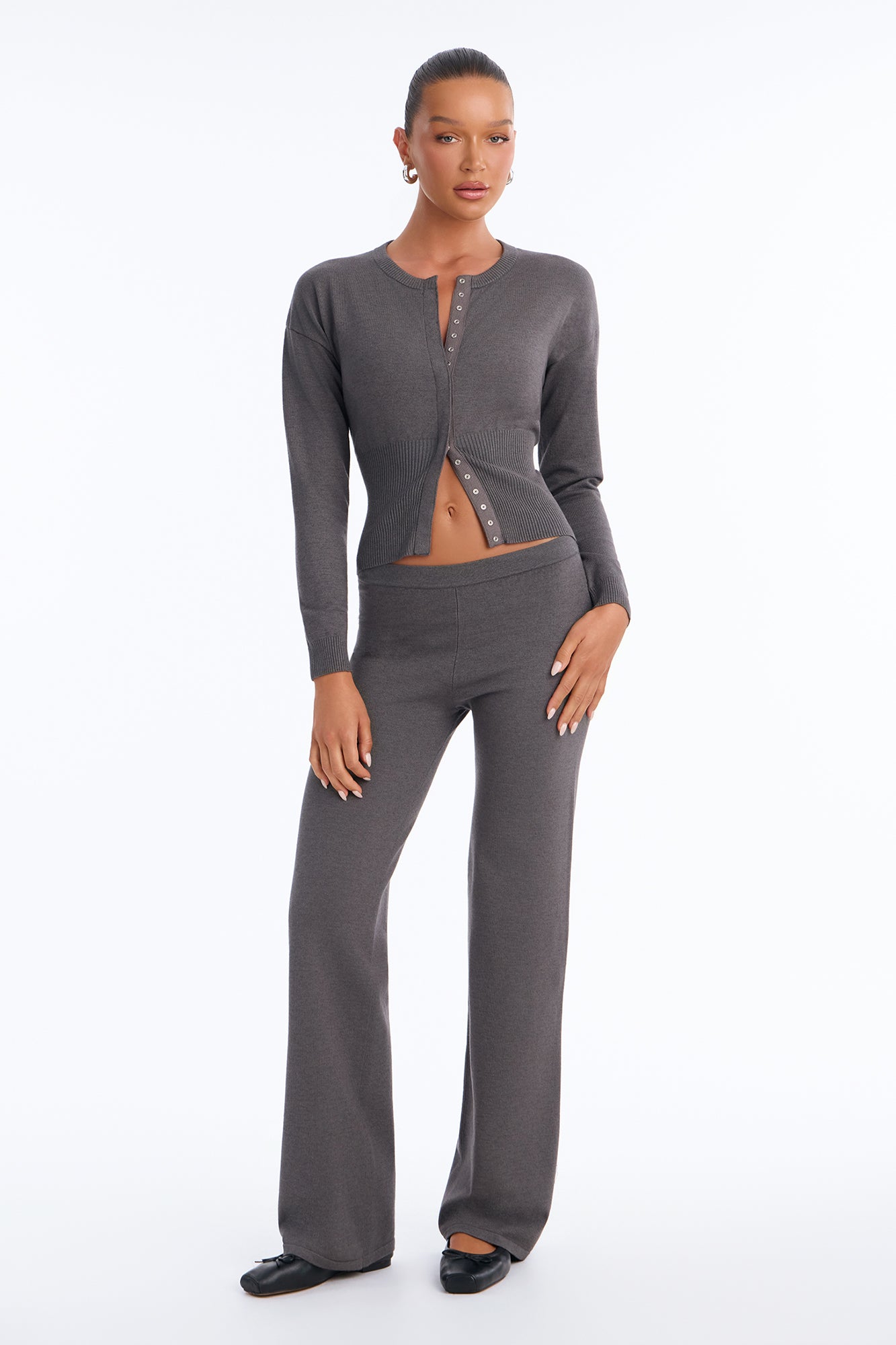 Brina Knit Straight Leg Pant Set - Charcoal