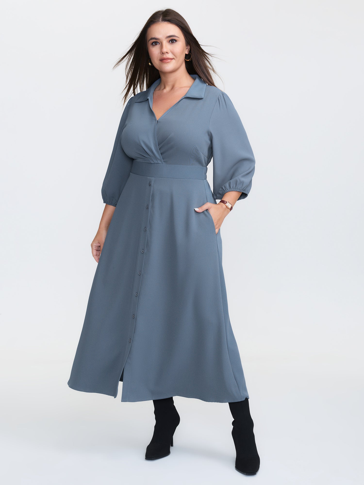 Knotted Front Placket Shirt Dress