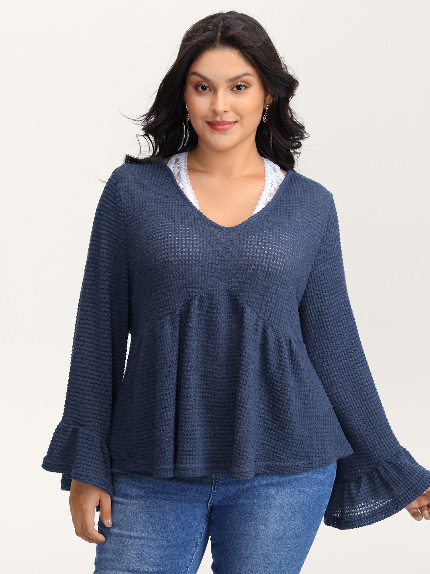 Textured Lace Ruffled Sleeve Knit Top