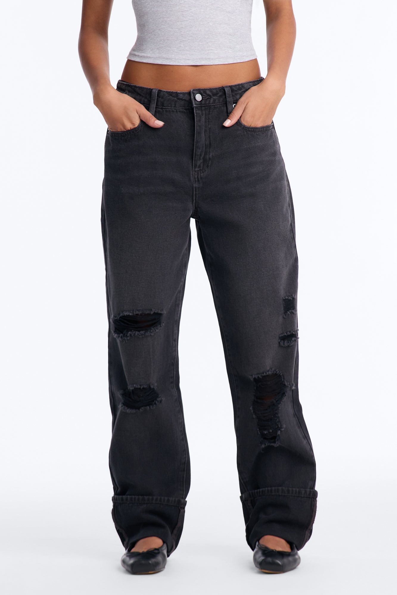 Keep It Cuffed Ripped High Rise Straight Leg Jeans - Black Wash