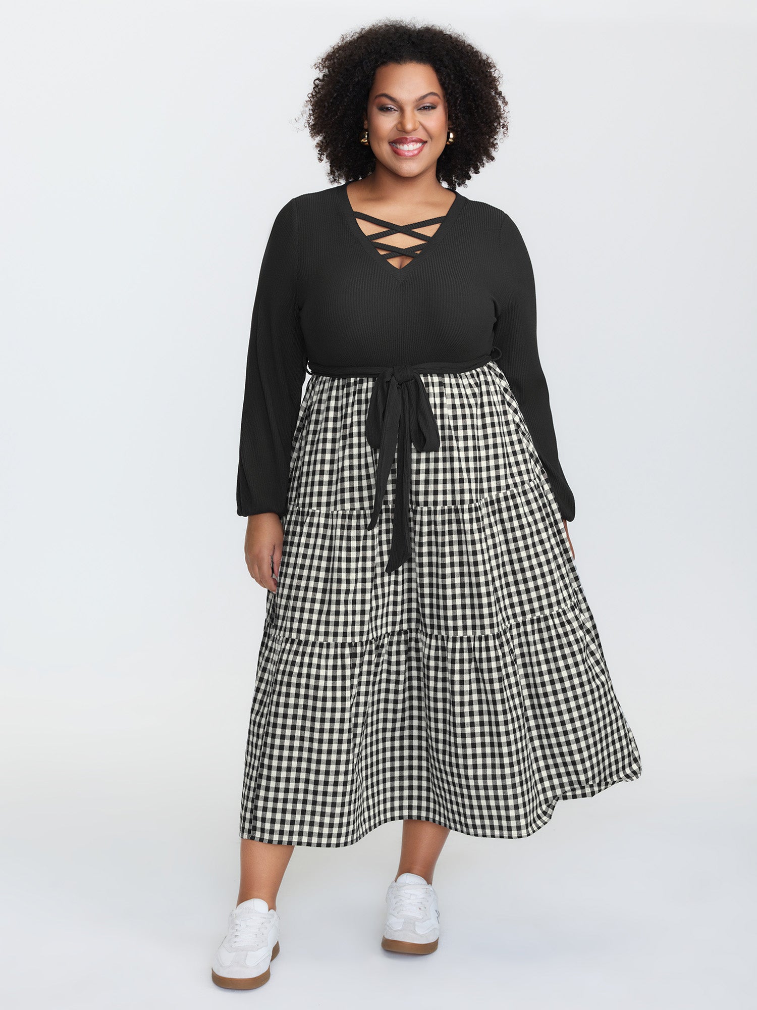 Checkered Print Color Contrast Waist-Tie Midi Dress