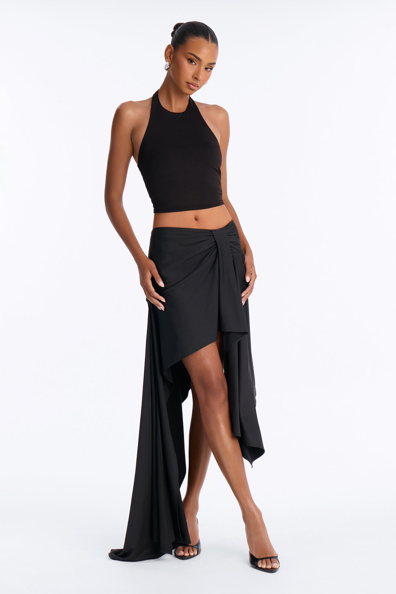 Ayla Draped Asymmetrical Midi Skirt - Black