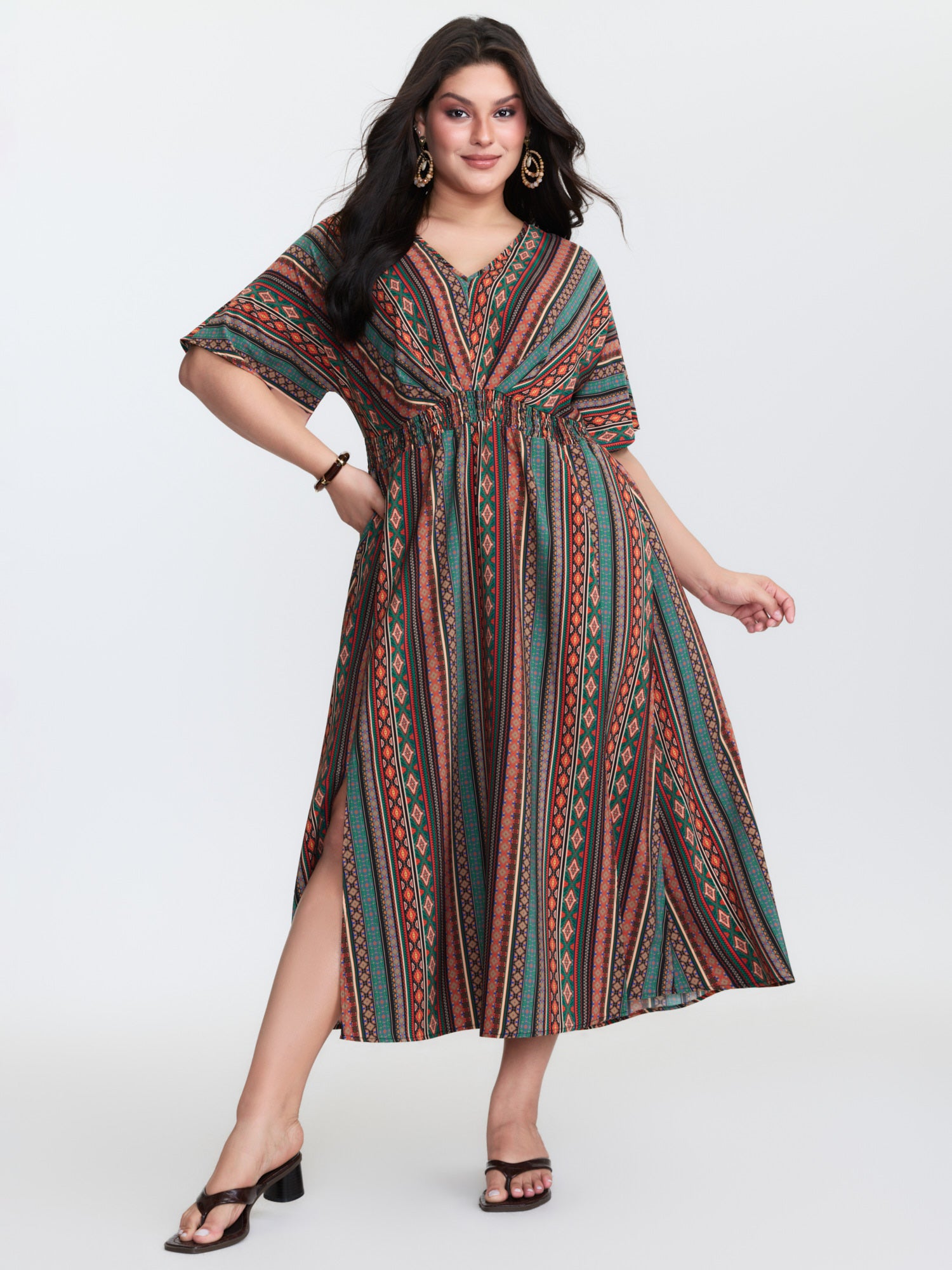Boho Stripe Print Shirred Waist Midi Dress
