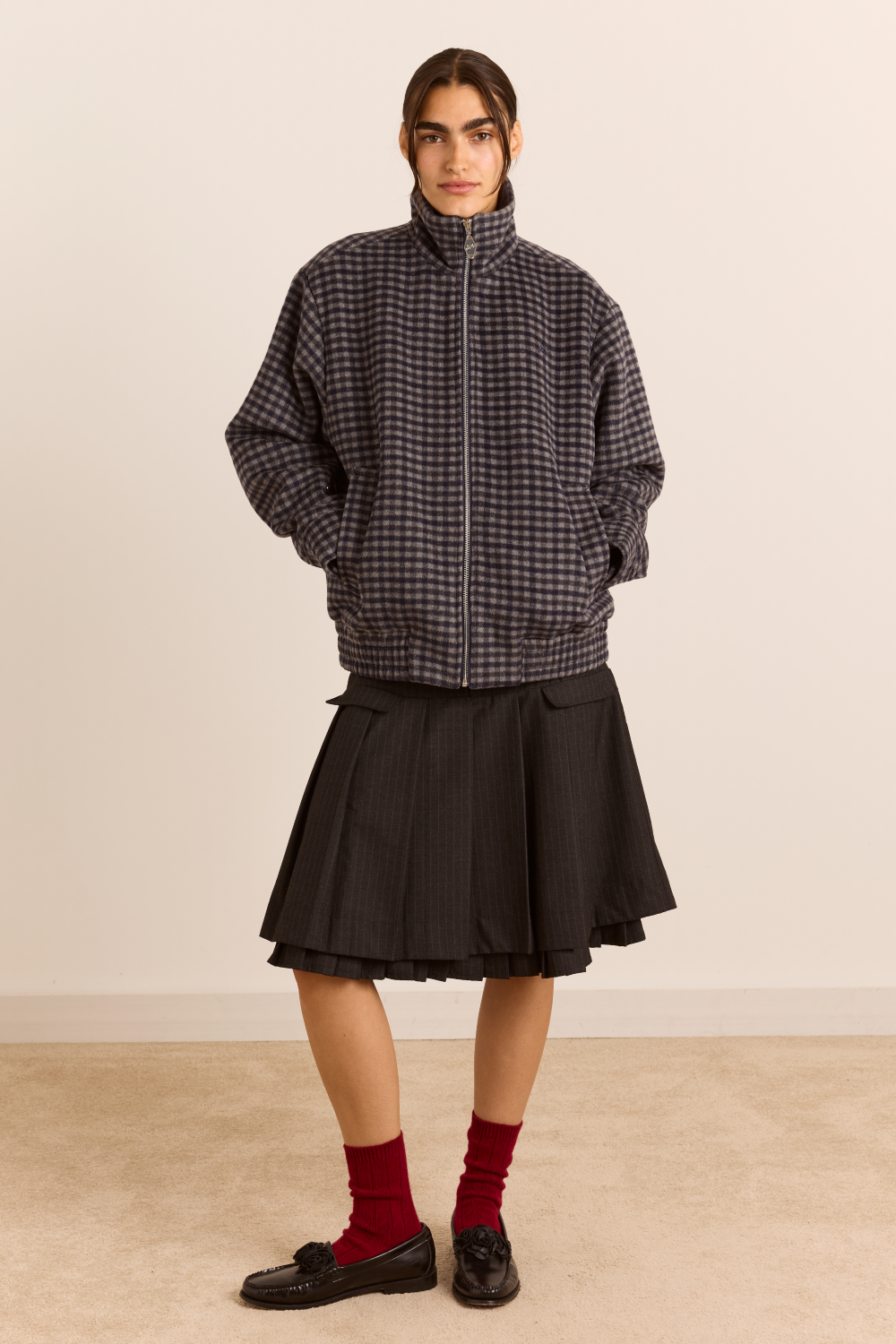 Pixie Wool Blend Bomber - Willow Gingham