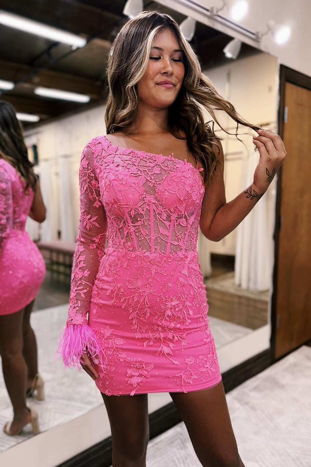 Spakly Pink One Shoulder Corset Tight Short Lace Homecoming Dress/Mini Dress with Feathers