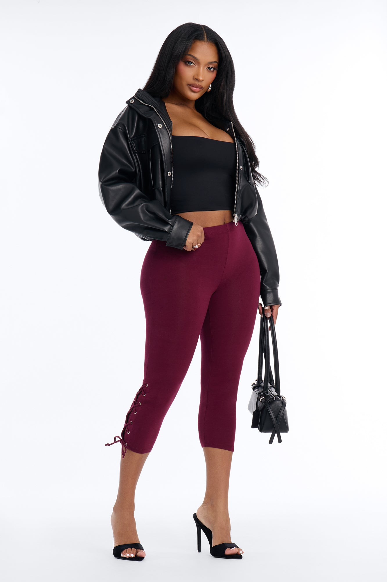 Karlie Low Rise Lace Up Capri Legging - Burgundy