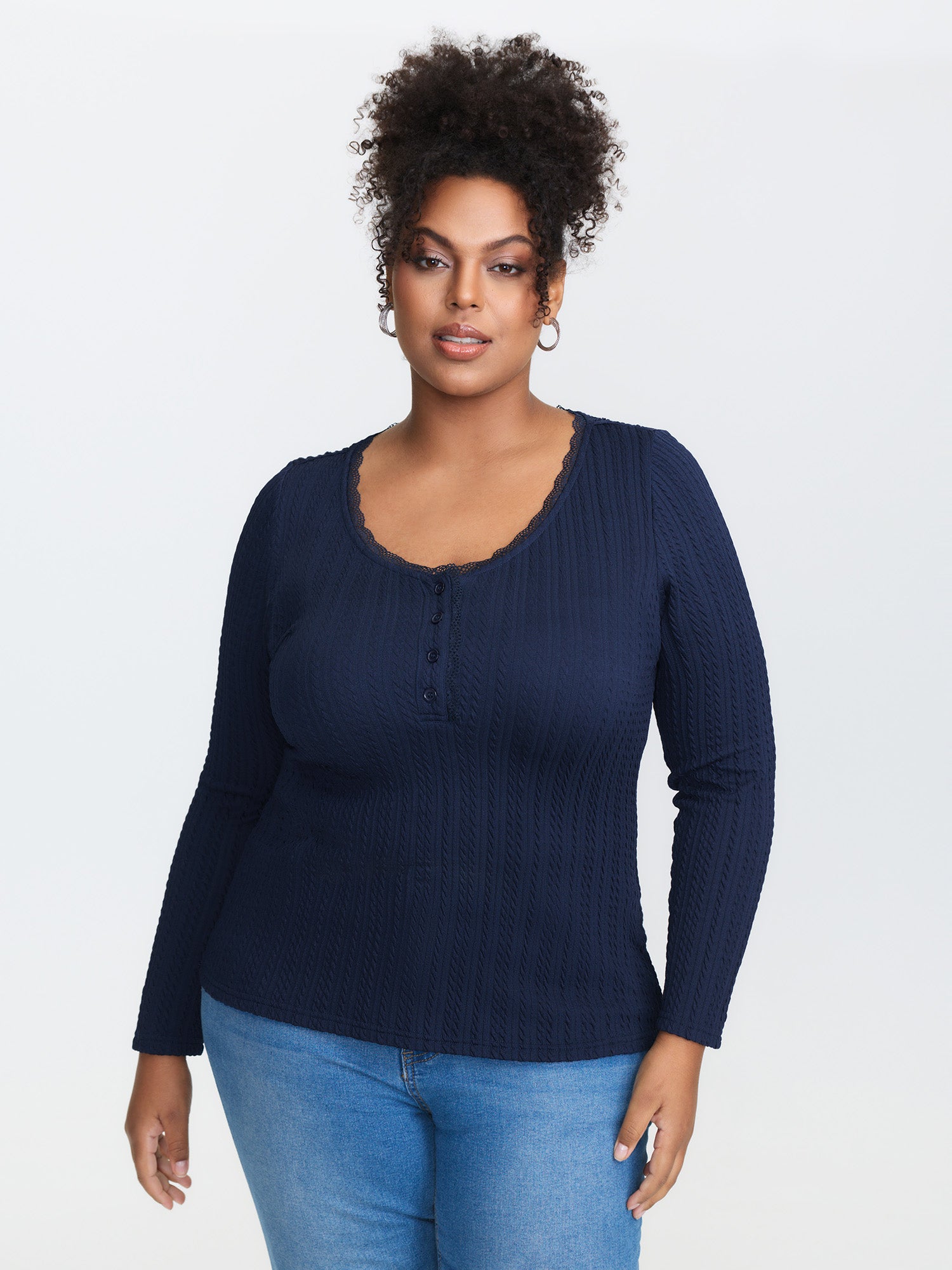 Lace Trim Ribbed V-Neck T-Shirt